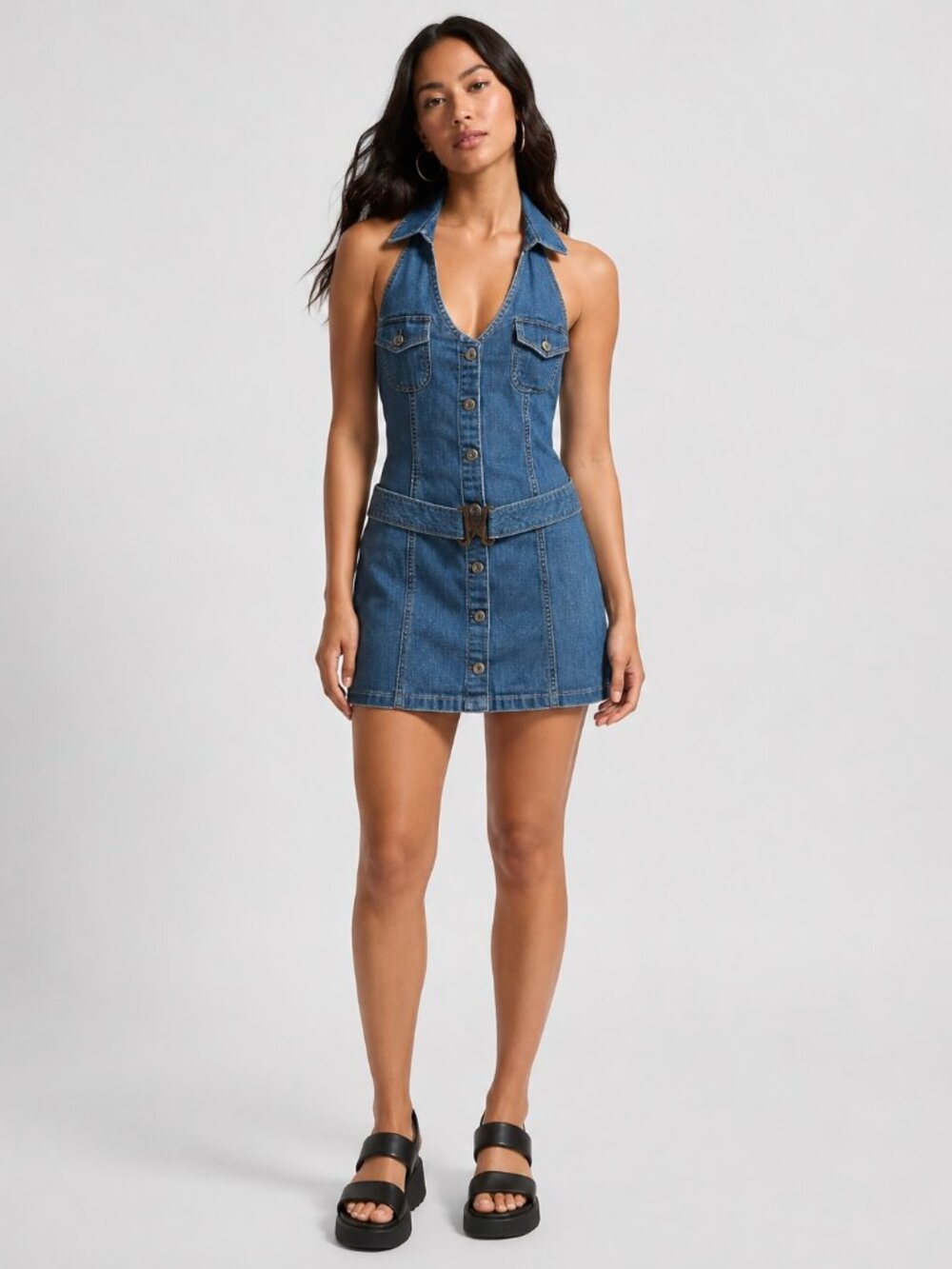 VTG GUESS Denim Y2K Halter Mini Dress Sz 11 Blue Snap Front Rave Drop Waist Belt
